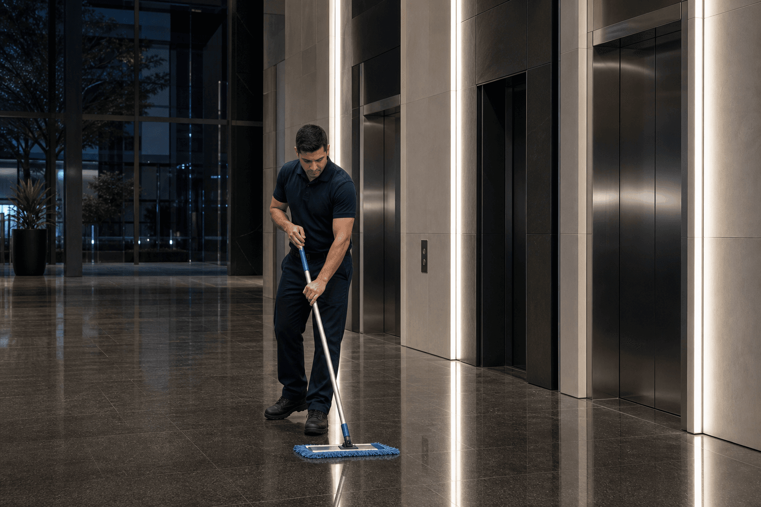 Strata cleaner resetting a Melbourne foyer after hours
